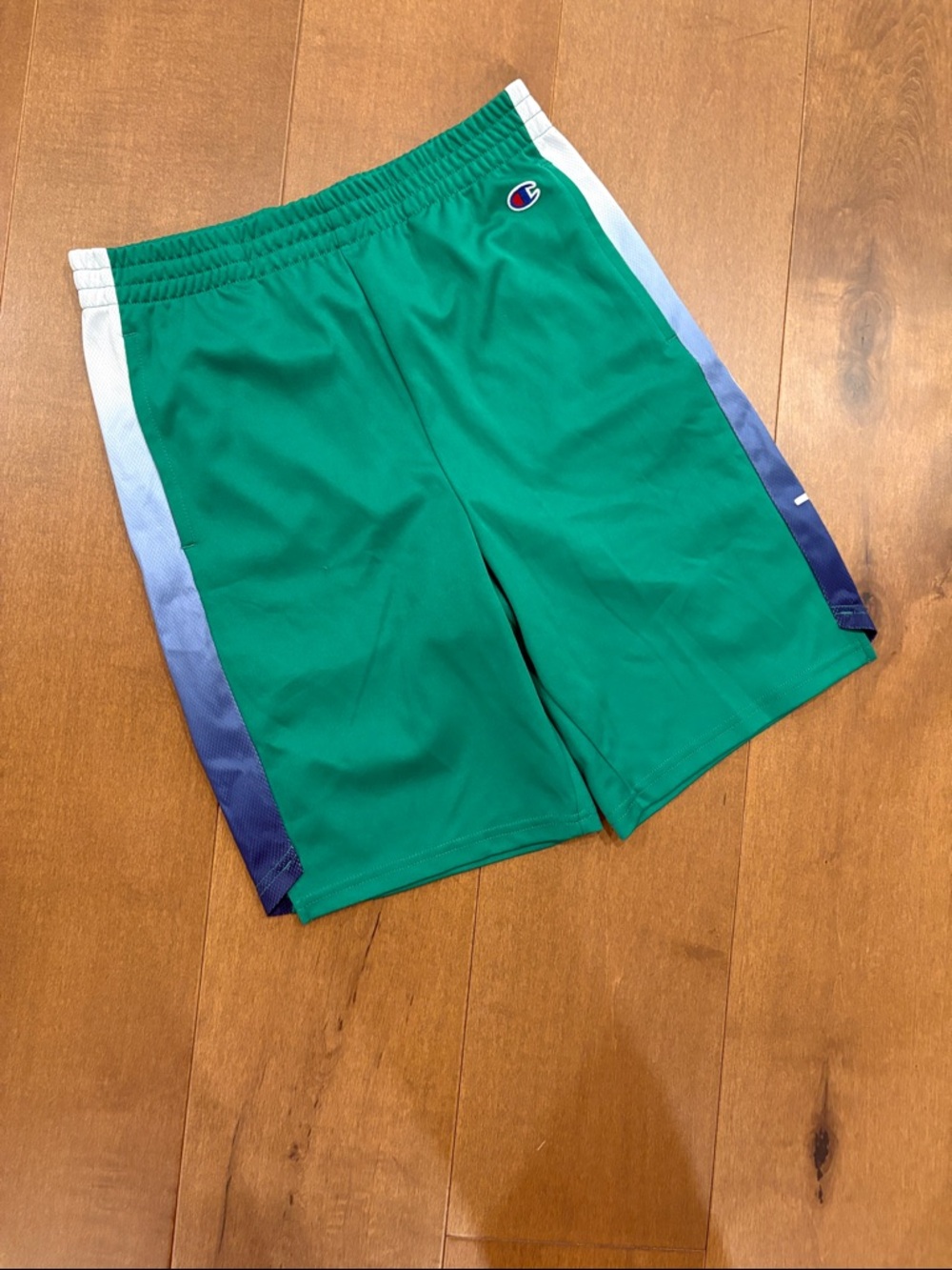 Champion Men's Green Athletic Shorts with Blue Gradient Side Panels